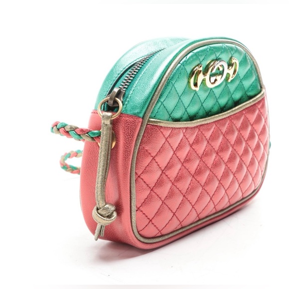 GUCCI TRAPUNTATA Red Green METALLIC QUILTED Leather Mini Crossbody 💯 Authentic - Picture 5 of 12